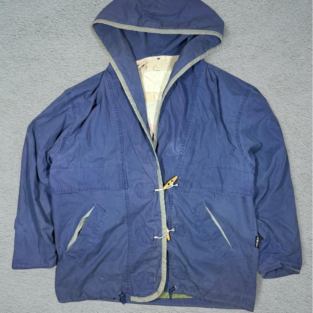 Vintage 90s IZZI Hooded Jacket Blue Plaid Lined Cargo Toggle Coat Mens L